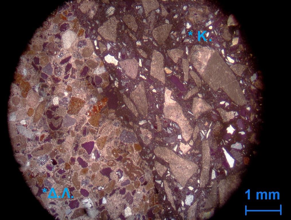 Εικόνα 5.10 Λεπτή τομή επαφής επισκευαστικού κονιάματος με μικριτικό λατυποπαγή ασβεστόλιθο (Λίθος Νο 6) στο μικροσκόπιο (Κ = Κονίαμα, Δ.Λ. = Δομικός Λίθος.