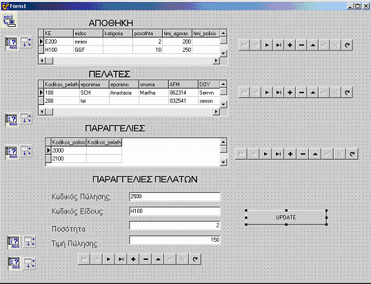 DBEdit (4 φορές) (γραμμή εργαλείων Data Controls) Label (8 φορές) (γραμμή εργαλείων Standard) (όπου απαιτείται πχ Όνομα Πεδίο, Τίτλος καρτέλας κλπ) Button (1 φορά) (γραμμή εργαλείων Standard) όπως