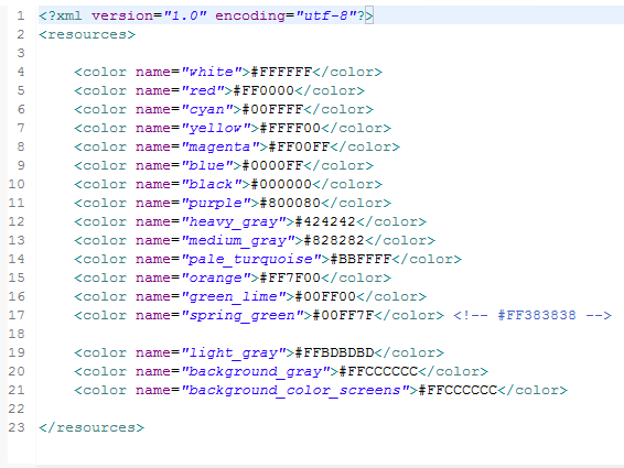 Color Είναι ένα αρχείο πόρων τύπου XML που παρέχει τιμές χρωμάτων. Αυτές οι τιμές μπορούν να χρησιμοποιηθούν είτε στον πηγαίο κώδικα της εφαρμογής, είτε στα αρχεία διατάξεων.