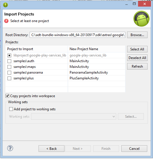 Εικόνα 34. Εισαγωγή πακέτου στο Workspace Στη συνέχεια επιλέγουμε τον κατάλογο που είναι η βιβλιοθήκη. Για την περίπτωση του Google play service είναι <κατάλογος που είναι το SDK>\extras\google\.