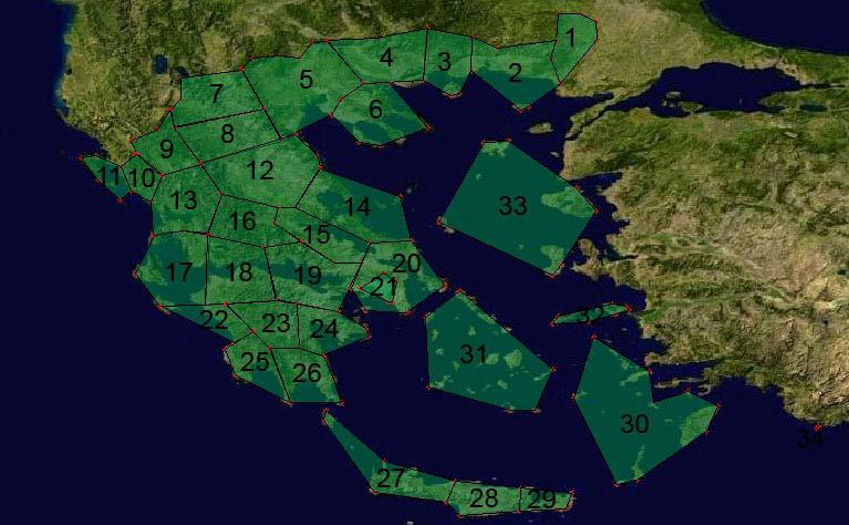 Εικόνα 7: Ο χάρτης των allotments της Ελλάδας Επίσης η κάθε χώρα δεσμεύθηκε για τη δυνατότητα τριών διαφορετικών τρόπων λήψης (σταθερή, φορητή και κινητή) [25] : o RPC 1: Λήψη με κεραία στην ταράτσα