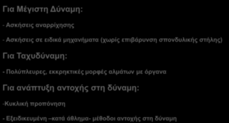 ΠΡΟΠΟΝΗΣΗ ΔΥΝΑΜΗΣ Σε μεταγενέστερο στάδιο - 3 μορφές άσκησης - προπόνησης: Για Μέγιστη