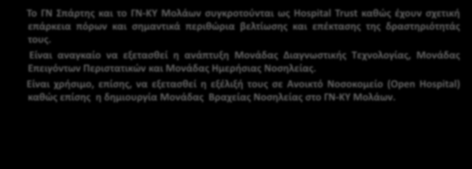 Είναι αναγκαίο να εξετασθεί η ανάπτυξη Μονάδας Διαγνωστικής Τεχνολογίας, Μονάδας Επειγόντων Περιστατικών και Μονάδας Ημερήσιας οσηλείας.