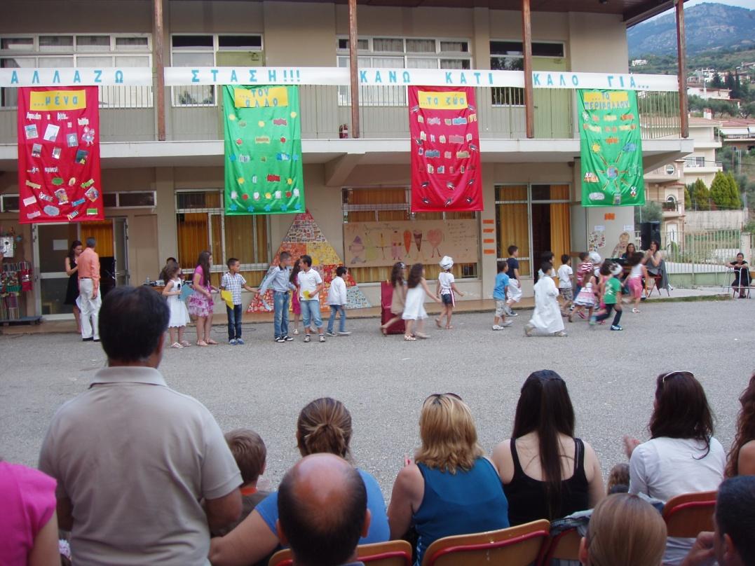 Στην γιορτή λήξης τραγουδήσαμε το τραγούδι της διατροφής. Φιλοτεχνήσαμε το πανό της υγιεινής διατροφής για τη γιορτή λήξης.