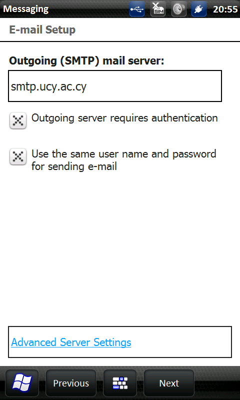 Βήμα 9: Στην επόμενη οθόνη και στο πεδίο Outgoing (SMTP) mail server πληκτρολογήστε τον εξυπηρετητή του Πανεπιστημίου Κύπρου για εξερχόμενη αλληλογραφία: SMTP server: smtp.ucy.ac.