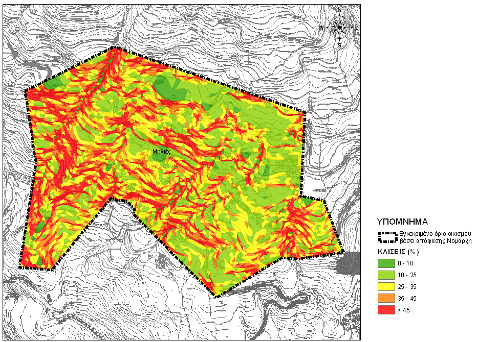 Σχήμα 6.17: Οι εδαφικές κλίσεις του οικισμού Μηλιές. Αναλύοντας το χάρτη των εδαφικών κλίσεων (Σχήμα 6.17) και το ιστόγραμμα των εδαφικών κλίσεων (Σχήμα 6.