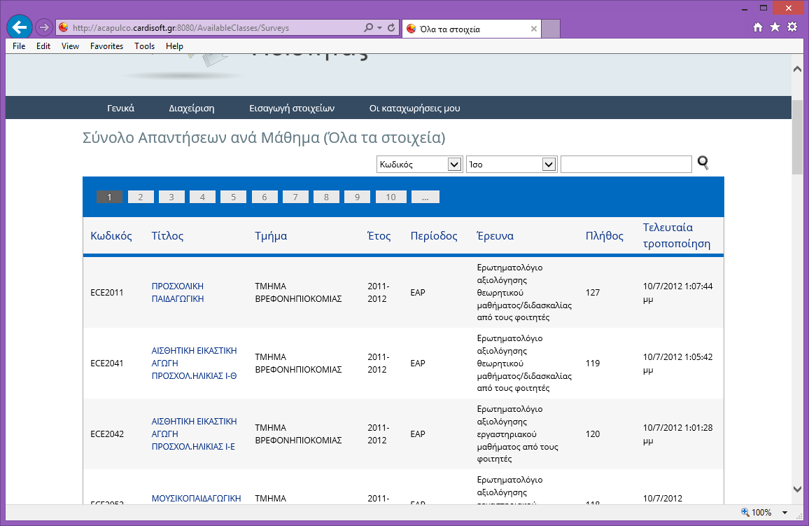 Στον κατάλογο αυτό παρουσιάζονται όλα τα διαθέσιμα μαθήματα (ανά ακαδημαϊκή περίοδο) καθώς επίσης και το πλήθος των απαντήσεων-αξιολογήσεων.