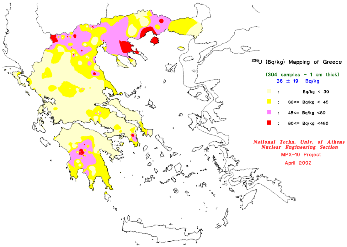 Σχήμα 2.7: Ραδιενέργεια του 238 U στα ελληνικά επιφανειακά εδάφη (Anagnostakis 2002).