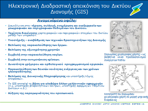 Η Ηλεκτρονική διαδραστική απεικόνιση του Δικτύου Διανομής (GIS). Με το εν λόγω έργο στοχεύουμε στην αποτύπωση των χαρτών των δικτύων μας σε ψηφιακά αρχεία.