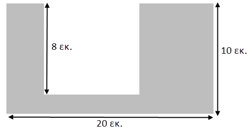 7. Η Έλλη από ένα ορθογώνιο χαρτόνι με μήκος 20 εκ. και πλάτος 10 εκ. έκοψε ένα τετράγωνο κομμάτι πλευράς 8 εκ. α. Βρες την περίμετρο του χαρτονιού που έμεινε μετά το κόψιμο (το σκούρο μέρος του σχήματος).