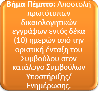 Αποστολή δικαιολογητικών εγγράφων Μετά την αποδοχή της Αίτησης από τη Διοικούσα Επιτροπή του ΤΕΕ και την ένταξη του Συμβούλου στον κατάλογο Συμβούλων Υποστήριξης/Ενημέρωσης, ο ενδιαφερόμενος