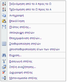 Μορφοποίηση Φύλλου Δεδομένων Κάνοντας Δεξί Κλικ στο Φύλλο Δεδομένων εμφανίζεται το αναδυόμενο παράθυρο που βλέπουμε. Από εδώ μπορούμε να κάνουμε όλες τις επιθυμητές τροποποιήσεις στο Φύλλο Δεδομένων.