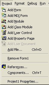 Project Προσθήκη φόρµας Προσθήκη Module Προσθήκη Class Module Αφαίρεση φόρµας Αναφορές* Στοιχεία ελέγχου Ιδιότητες του Project