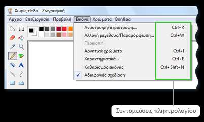 Οι συντομεύσεις πληκτρολογίου εμφανίζονται δίπλα στα στοιχεία του μενού Επιλογή μενού, εντολών και επιλογών Μπορείτε να ανοίξετε μενού και να επιλέξετε εντολές και να ορίσετε άλλες επιλογές