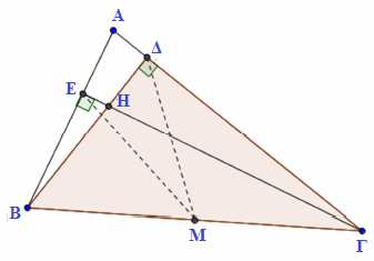 3. Σε ορθογώνιο τρίγωνο ΑΒΓ µε Â =90ο και B>Γ ˆ ˆ φέρουµε το ύψος του Α και την διάµεσο ΑΜ στην πλευρά ΒΓ. Να αποδείξετε ότι: α) οι γωνίες Β και ΓΑ είναι ίσες, β) ΑΜ = Γ ɵ. 4.