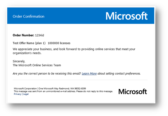 1. Μόλις ολοκληρωθεί η μετάβαση, θα λάβετε ένα ηλεκτρονικό μήνυμα από το Office 365 που θα σας ενημερώνει ότι η νέα συνδρομή δημιουργήθηκε στο περιβάλλον των υπηρεσιών Microsoft online services.