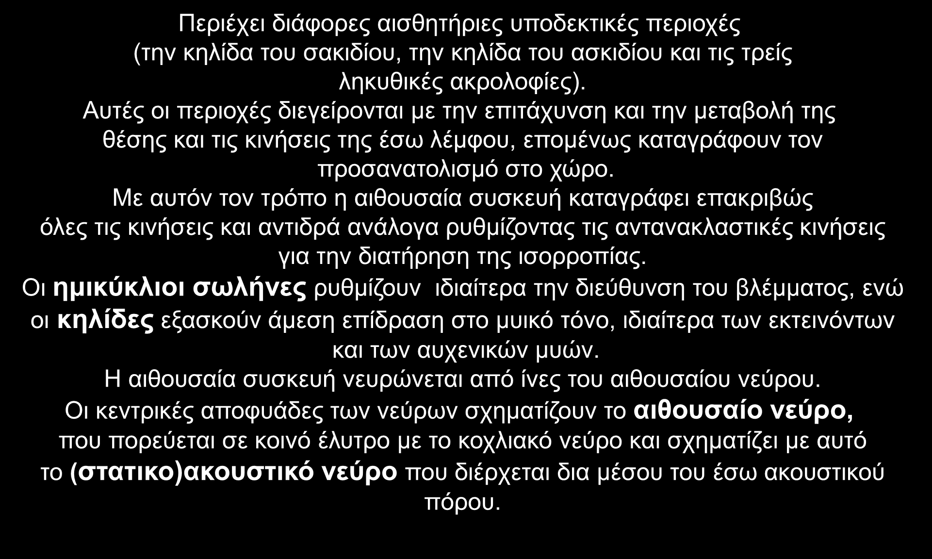 ΟΡΓΑΝΟ ΤΗΣ ΙΣΟΡΡΟΠΙΑΣ ΑΙΘΟΥΣΑ ΚΑΙ ΗΜΙΚΥΚΛΙΟΙ ΣΩΛΗΝΕΣ Περιέχει διάφορες αισθητήριες υποδεκτικές περιοχές (την κηλίδα του σακιδίου, την κηλίδα του ασκιδίου και τις τρείς ληκυθικές ακρολοφίες).