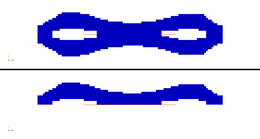 5.1 Ομαλοποίηση & Γένεση Πλέγματος 54 Σχήμα 5.1.1: Βέλτιστη γεωμετρία με δύο νησίδες Πάνω παρουσιάζεται ολόκληρος ο αγωγός με τον άξονα συμμετρίας και κάτω το τμήμα του που θα ομαλοποιηθεί.