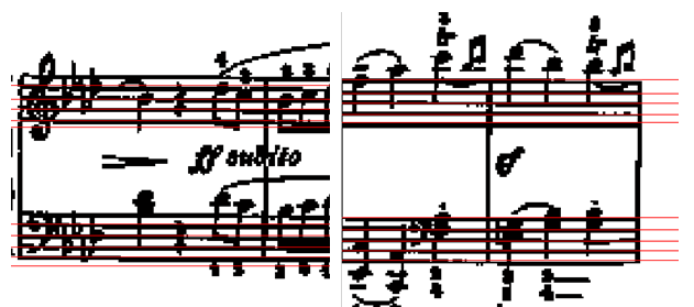 Εικόνα 3. 48: Επίδειξη επίδρασης κλίσης στην τοποθέτηση των γραμμών: Αριστερά, φαίνεται η αρχή του τέταρτου συστήματος της Beethoven Sonata, σελίδα 9, [46].