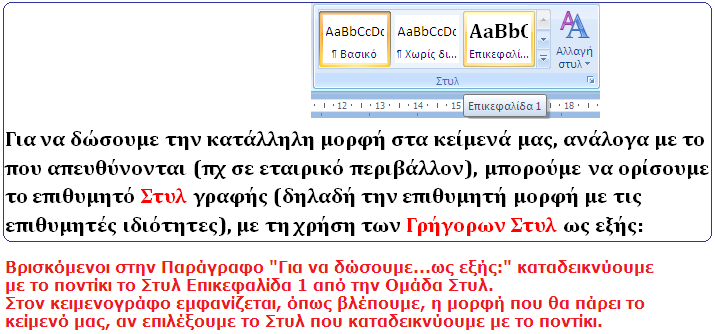 Στυλ (Μορφοποίηση Κειμένου και Παραγράφων) Για να δώσουμε την κατάλληλη μορφή στα κείμενά μας, ανάλογα με το που απευθύνονται (πχ σε εταιρικό περιβάλλον), μπορούμε να ορίσουμε το επιθυμητό Στυλ