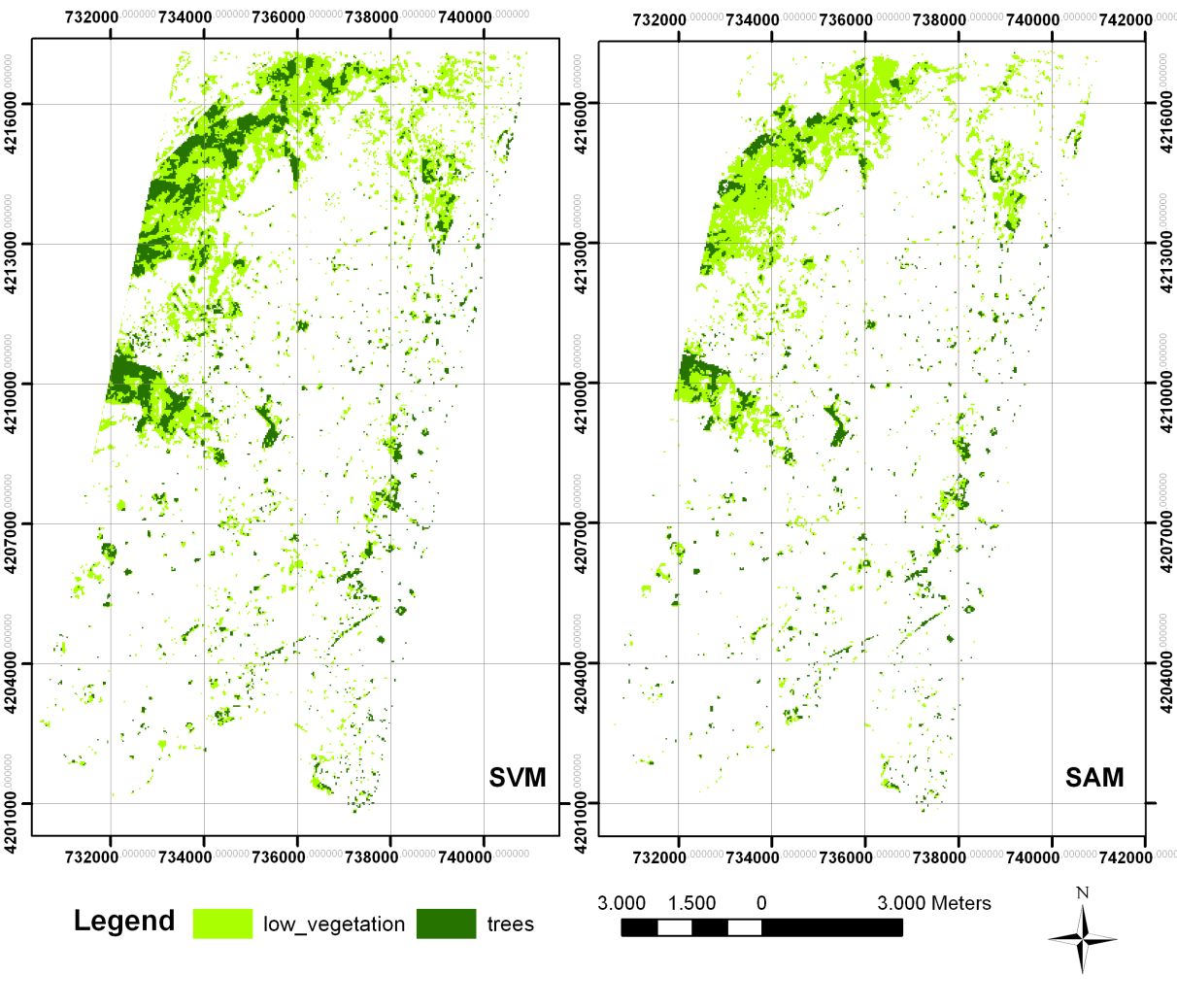 Εικόνα 5.3. Τα αποτελέσματα ταξινόμησης των δύο αλγόριθμων για το αστικό πράσινο όπως φαίνονται με χρήση ΓΠΣ για την περιοχή μελέτης της εικόνας Hyperion.