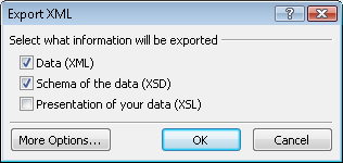 164 Κεφάλαιο 4 Κοινή χρήση και επαναχρησιμοποίηση πληροφοριών 3. Στον Οδηγό Εξαγωγής σε Αρχείο XML, πατήστε στο ΟΚ. Θα ανοίξει το πλαίσιο διαλόγου Export XML (Εξαγωγή σε αρχείο XML). 4. Ενεργοποιήστε τις επιλογές Data (XML) Δεδομένα (XML) και Schema of the data (XSD) Σχήμα των δεδομένων (XSD) και πατήστε στο OK.