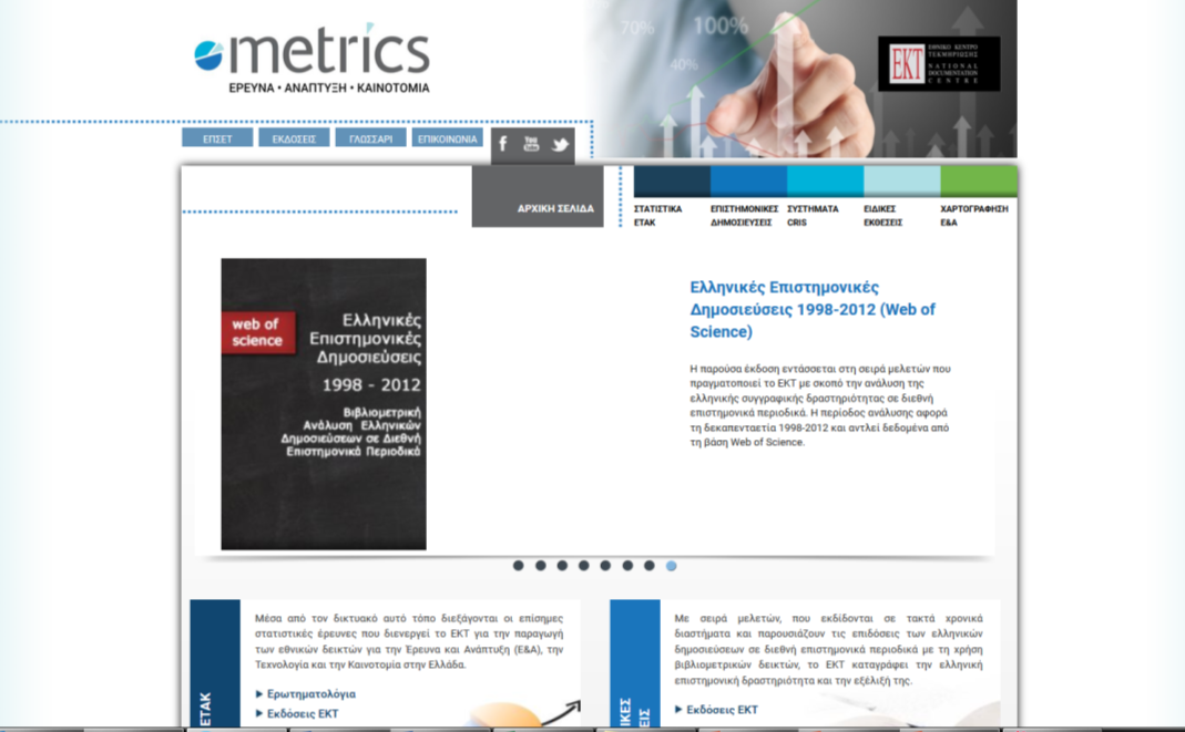 ΔΙΚΤΥΑΚΟΣ ΤΟΠΟΣ http://metrics.ekt.gr/ Εκδόσεις http://metrics.ekt.gr/el/ekdoseis Σύντομα Άρθρα http://metrics.ekt.gr/statistika-etak/sintoma-arthra Datatables http://metrics.