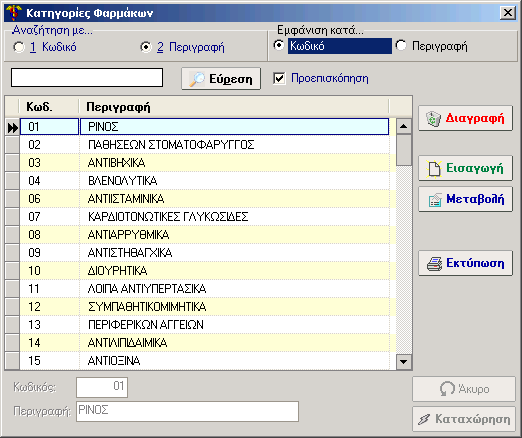 66 SmartMedicine 5.6.7 Κατηγορίες Φαρµάκων (Οθόνη) 5.6.8 Κατηγορίες Φαρµάκων Μέσα από το παράθυρο αυτό µπορείτε να ορίσετε, τροποποιήσετε ή διαγράψετε τις κατηγορίες φαρµάκων.