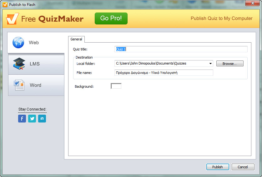 Εικόνα 6.14: Εργαλείο Free Quiz Maker Προεπισκόπηση του τεστ Μεταβαίνοντας στη δημοσίευση του τεστ (Εικόνα 6.