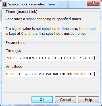 Παράθυρο παραμέτρων (Εικόνα 5-11) Η παράμετρος του χρόνου (Time) είναι σε δευτερόλεπτα και πρέπει να είναι διανυσματικά ίδιος με το μήκος του φορέα που ορίζεται στην παράμετρο του πλάτους (Amplitude).