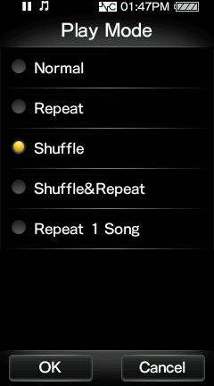 19 Βασικές λειτουργίες και οθόνες Πατήστε "Play Mode". Πατήστε "Shuffle". Πατήστε "OK". Η λειτουργία αναπαραγωγής αλλάζει σε "Shuffle".