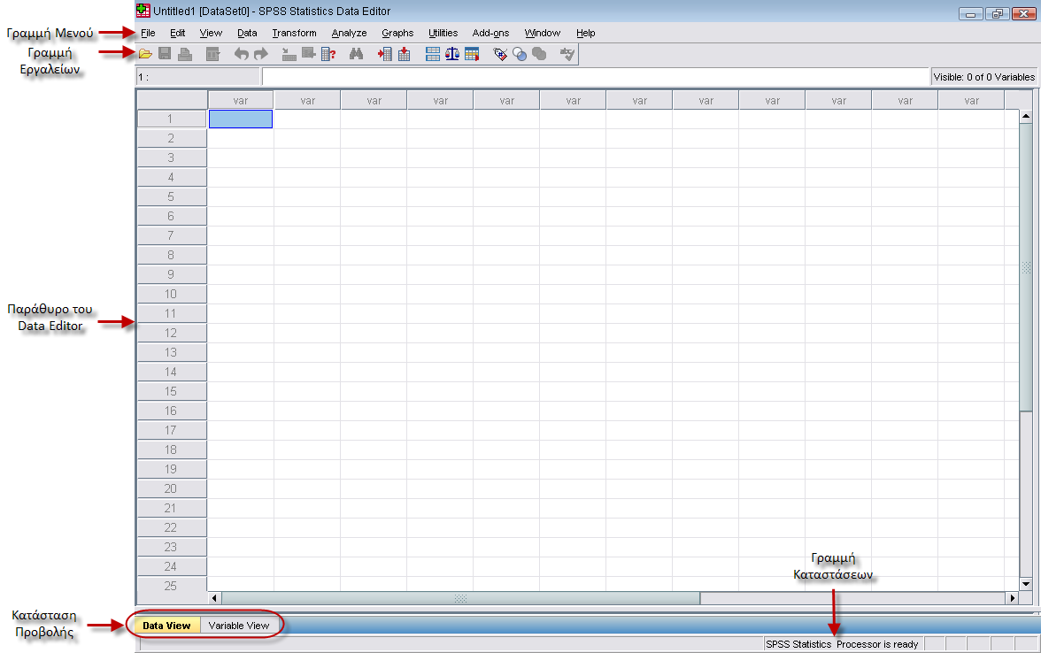Εικόνα 2.2: Το παράθυρο του Data Editor Στον Data Editor πραγματοποιείται η εισαγωγή και η διόρθωση των δεδομένων κατ αντίστοιχο τρόπο μ ένα λογιστικό φύλλο.
