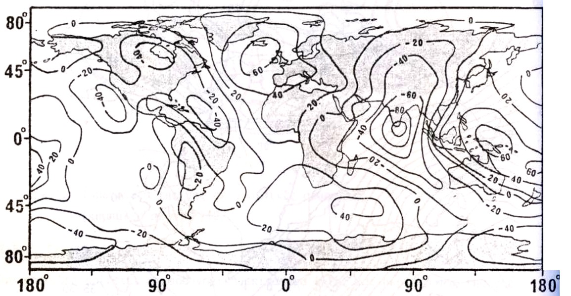 Σχ..10. Παγκόσμιος Χάρτης του γεωειδούς ως προς το GRS 1967 (καμπύλες σε m) /3/ Η σχέση h = H +N (Σχ..11) συνδέει τα υψόμετρα αλλά και τις επιφάνειες αναφοράς μεταξύ τους.
