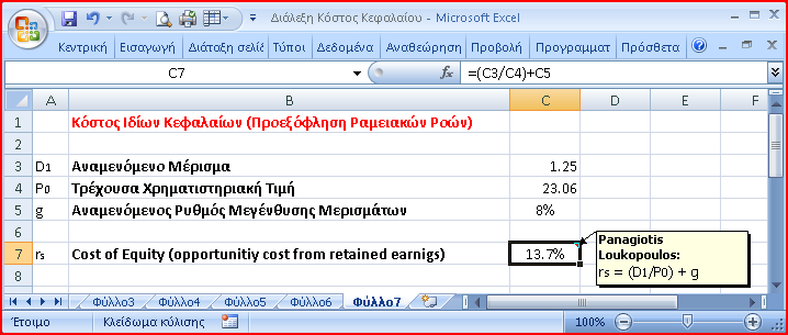 Κόστος Ιδίων Κεφαλαίων: Το Υπόδειγμα Προεξόφλησης Μερισμάτων 4 (σταθερή ανάπτυξη) Όπως προαναφέρθηκε, όταν υπάρχει ισορροπία η αναμενόμενη απόδοση ισούται με την απαιτούμενη απόδοση.