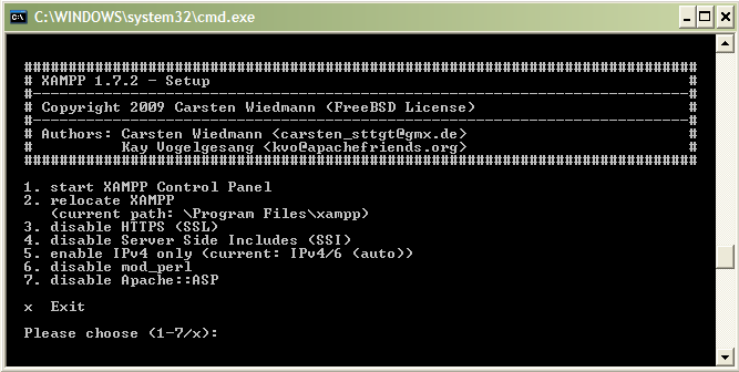 Εικόνα 3: Command prompt Επιλέγοντας 1 θα οδηγηθείτε αυτόματα στο XAMPP control Panel (εικόνα 4).