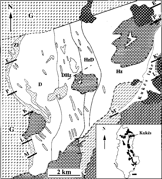 Σχήμα 3.2: Σχηματικός γεωλογικός χάρτης του υπερβασικού ορεινού όγκου του Kukes Σχήμα 3.