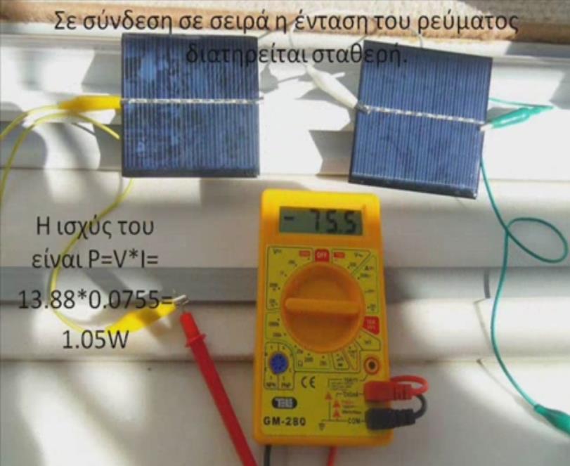 Χάλκινες Λωρίδες Κολλάμε τις χάλκινες λωρίδες στις μεταλλικές επαφές Σύνδεση σε σειρά δυο ίδιων φωτοστοιχείων Στην περίπτωση αυτή έχουμε διπλασιασμό της τάσης ανοικτού κυκλώματος, αλλά το ίδιο ρεύμα