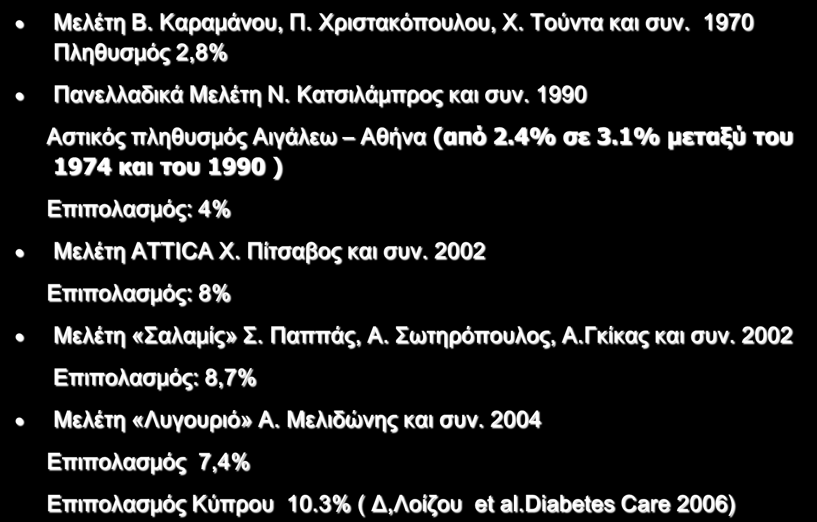 1970-2014:Επιδημιολογικές Μελέτες Σ.Δ. στην Ελλάδα Μελέτη Β. Καραμάνου, Π. Χριστακόπουλου, Χ. Τούντα και συν. 1970 Πληθυσμός 2,8% Πανελλαδικά Μελέτη Ν. Κατσιλάμπρος και συν.