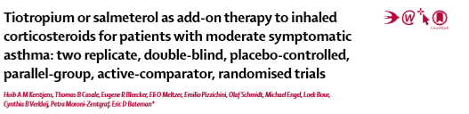 Double blind trial in asthmatic patients Addition of tiotropium compared with: Doubling inhaled steroid Addition of salmeterol Tiotropium increased am peak