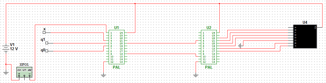 Fg 0 1 0 1 Q Q Q Q Fd Το αντίστοιχο απλοποιημένο κύκλωμα (με τη βοήθεια του Multisim) είναι το εξής: Εικόνα 4-16 Το κύκλωμα της 11 ης Εργαστηριακής Άσκησης.