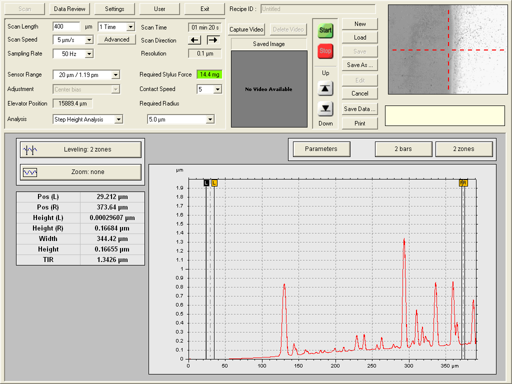 Εικόνα 5.4 Μέτρηση στο προφιλόμετρο του υμενίου με κωδικό 180213. Το υμένιο εναποτέθηκε υπο πίεση 20 Pa H 2. Στον πίνακα 5.
