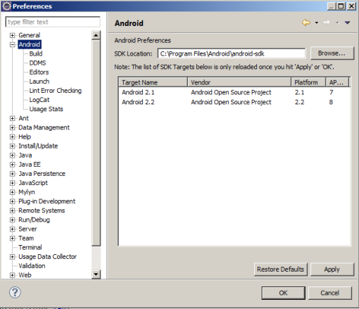 Στο Eclipse, και Window -> Preferences και στο SDK Location, βάζουμε το φάκελο στον οποιο κάναμε προηγούμενος εγκατάσταση τοandroid SDK.
