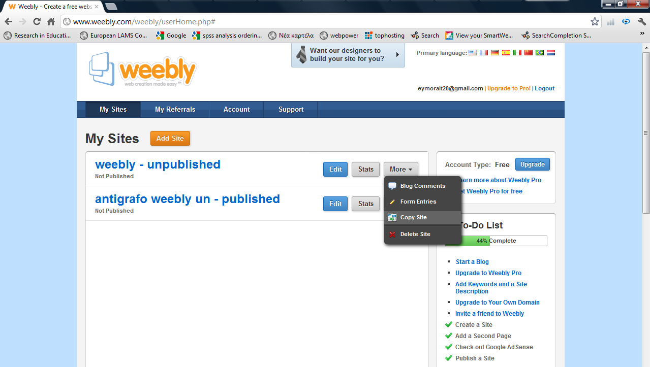 Εικόνα 42 Περιβάλλον διαχείρισης Ιστοτόπων του weebly Ακόμη ο χρήστης μπορεί να μεταβεί στον weebly editor πατώντας το
