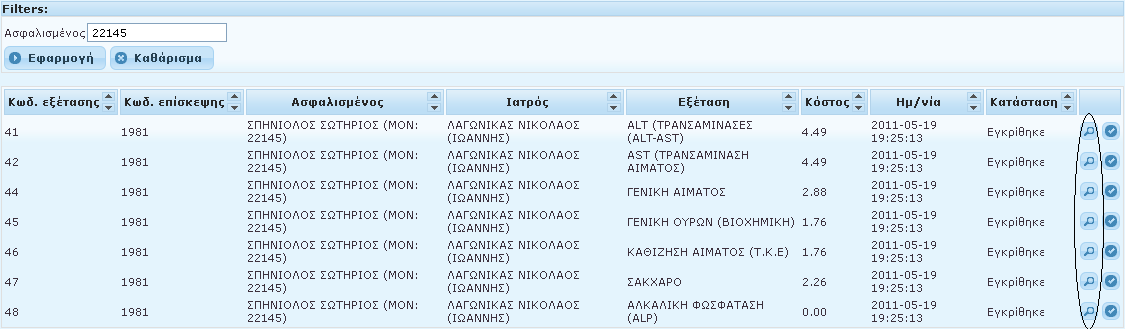 Προκειμένου να εκτελεστούν οι εξετάσεις, ο ιατρός πρέπει να πατήσει στο εικονίδιο επιθυμεί να εκτελέσει.