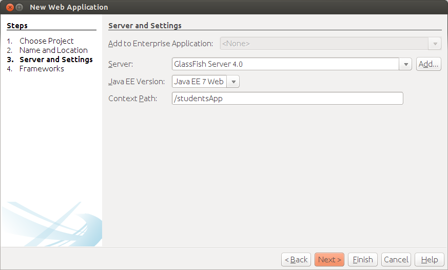 Δημιουργία της Εφαρμογής Διαδικτύου Βήμα 3: Εξυπηρετητής και Ρυθμίσεις Στο 3ο βήμα αφήνουμε τις εξ ορισμού τιμές για τα ακόλουθα: Εξυπηρετητής (Server): Glassfish Server Έκδοση Java EE: Java EE 7 Web