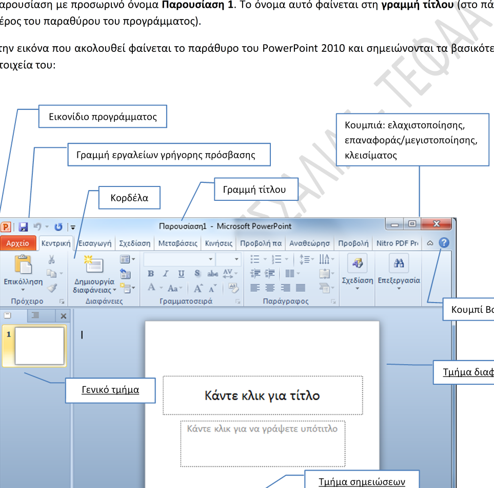 1. Το Παράθυρο του Προγράμματος Το PowerPoint 2010 είναι ένα από τα προγράμματα του πακέτου Microsoft Office 2010.