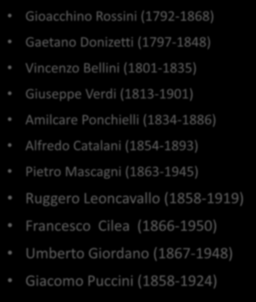 Gioacchino Rossini (1792-1868) Gaetano Donizetti (1797-1848) Vincenzo Bellini (1801-1835) Giuseppe Verdi (1813-1901) Amilcare Ponchielli (1834-1886) Alfredo Catalani (1854-1893) Pietro