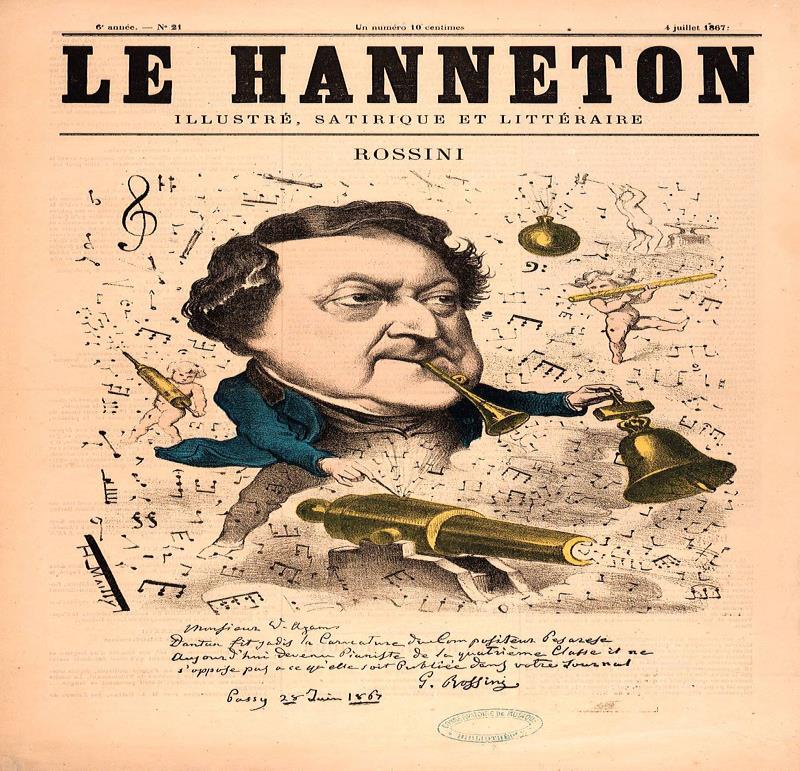 Καρικατούρα του Rossini σε γαλλική εφημερίδα του 1867 Το τελευταίο διάστημα της ζωής του ο συνθέτης είχε αποσυρθεί από τη