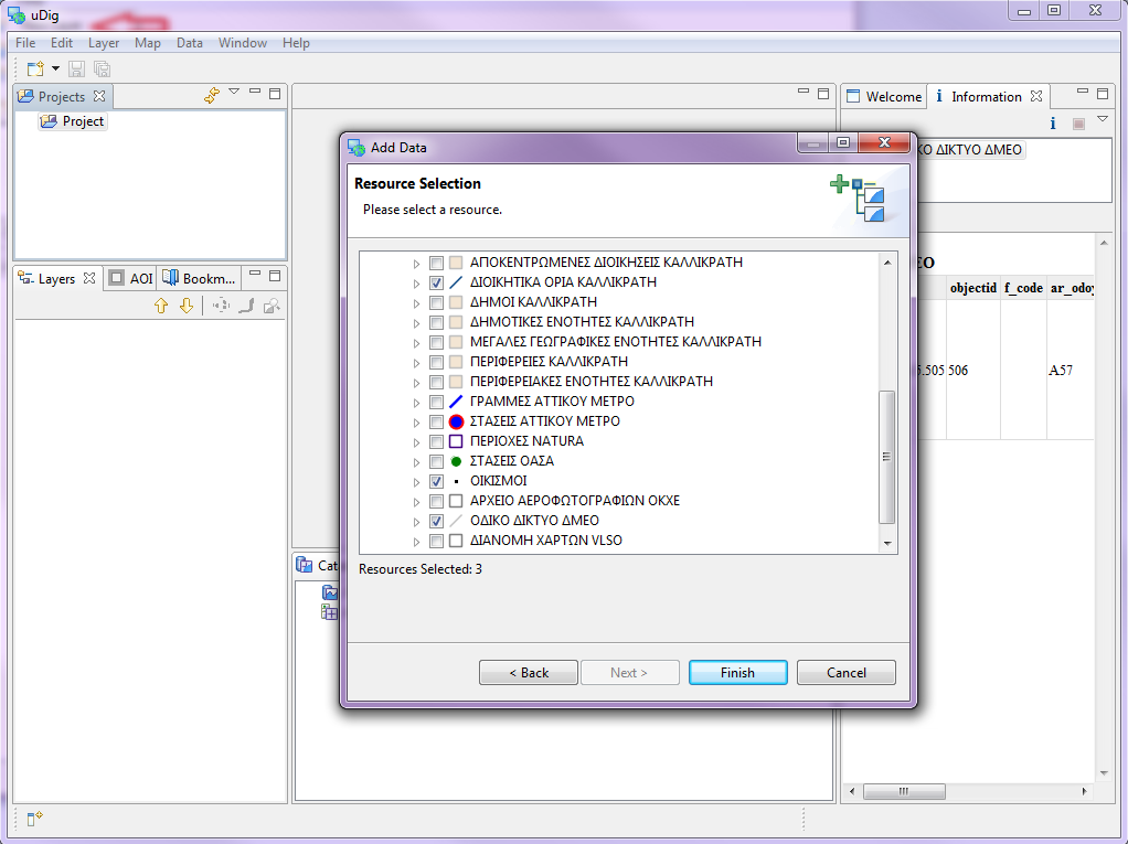 Εικόνα 17: Εμφάνιση διαθέσιμων layers και επιλογή τους Επιλέγοντας «Finish», το udig θα προσθέσει τα επιλεγμένα layers στον χάρτη,