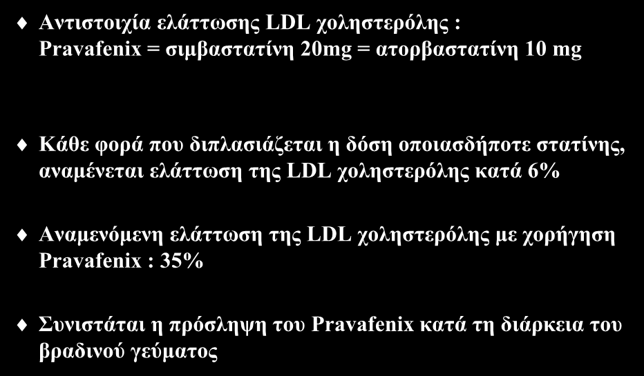 Η χρήση του Pravafenix στην κλινική πράξη Αντιστοιχία ελάττωσης LDL χοληστερόλης : Pravafenix = σιμβαστατίνη 20mg = ατορβαστατίνη 10 mg Am J Cardiol 2003;92:152-60 Clin Ther 2011;33:1-12 Κάθε φορά